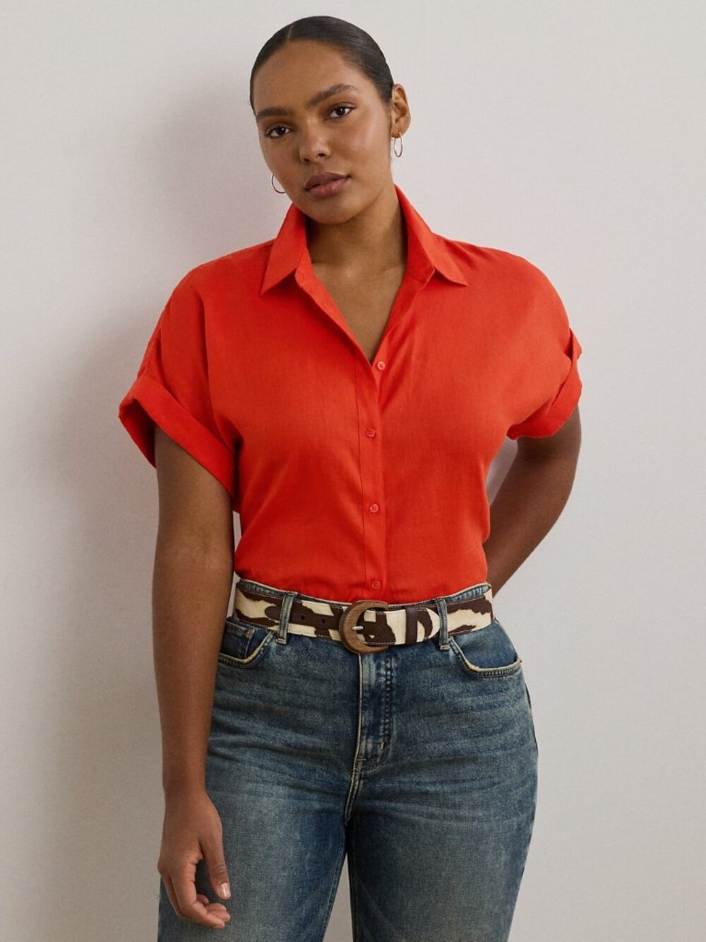 Lauren Ralph Lauren Plus Size Relaxed-Fit 100% Linen Short-Sleeve Shirt - Picture 7 of 7